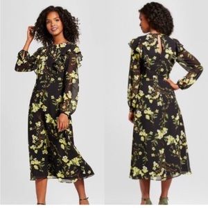 🌼Who What Wear Black Yellow Floral Ruffled Midi Dress Long Sleeves Sz Small